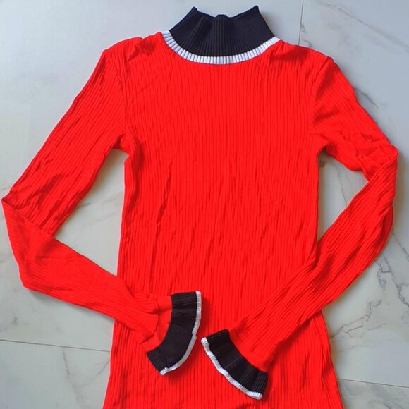 NWT‎ Zara Red Black Colorblock Stretch Ribbed Cute Mock Neck Top Sweater Small S - Picture 4 of 5